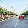 Municipal Road With Trees Green Belts Street Lamps And Vehicles On Wet Pavement