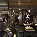 Japanese Restaurant Interior With Wooden Lattice Ceiling Hanging Pendant Lights Dining Tables And Bar