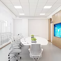 Modern Conference Room With Long Table White Chairs Large Screen Wooden Walls And Green Plants