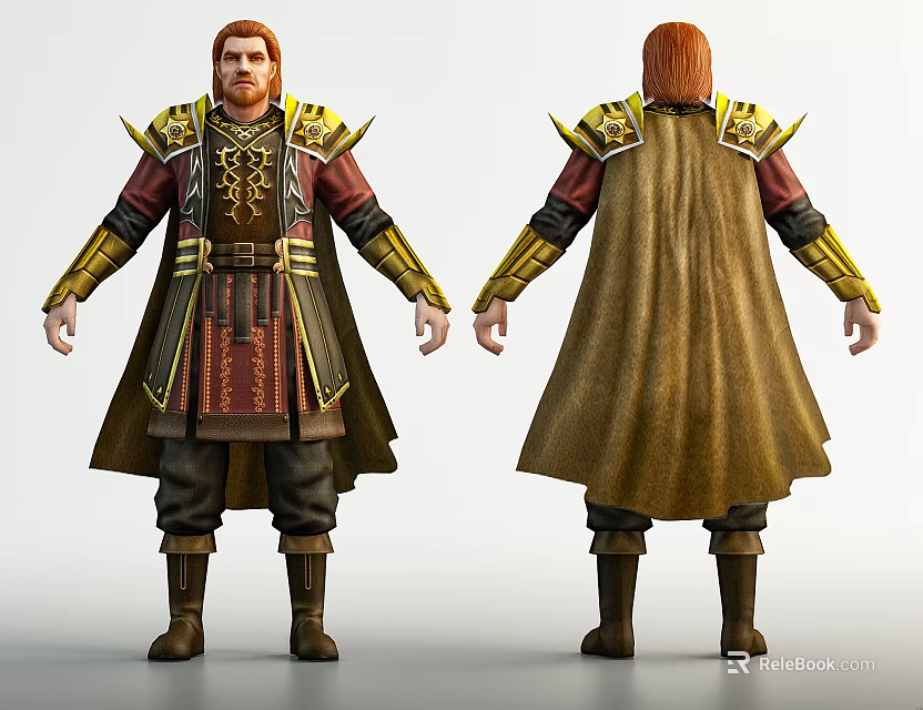 Medieval Game and Movie Character With Red Hair Gold Accents Cloak Front Back Views 3d model 