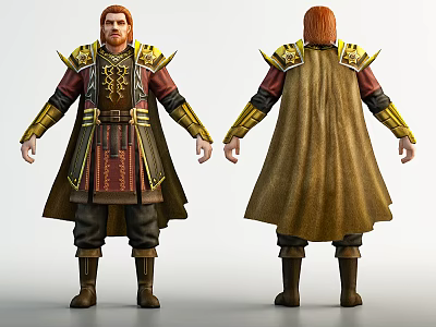 Medieval Game and Movie Character With Red Hair Gold Accents Cloak Front Back Views 3d model
