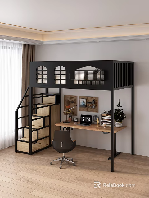 Modern Bunk Bed Interior With Black Metal Frame Wooden Stairs And Study Desk Area 3d model 