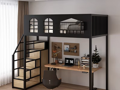 Modern Bunk Bed Interior With Black Metal Frame Wooden Stairs And Study Desk Area 3d model