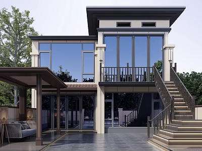 Modern Detached Villa With Large Glass Windows Outdoor Terrace And Staircase 3d model