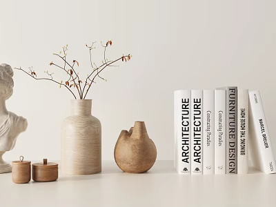 Decorative Ornament Set with Wooden Vase Branches Sculpture and Books for Minimalist Modern Interior Decor 3d model