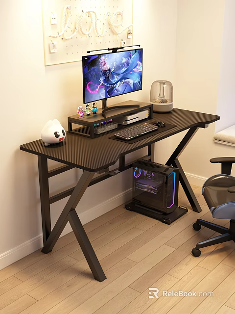 Modern Bedroom Gaming Setup With Desk Monitor RGB PC Case And Chair 3d model 