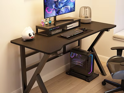 Modern Bedroom Gaming Setup With Desk Monitor RGB PC Case And Chair 3d model