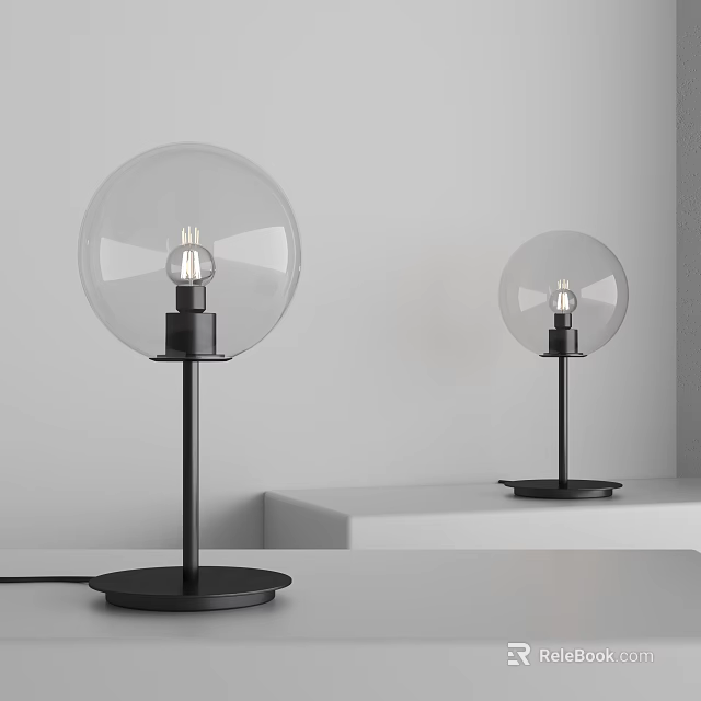 Two Modern Minimalist Table Lamps With Glass Globe Shade And Black Base On White Shelf 3d model 