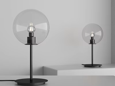 Two Modern Minimalist Table Lamps With Glass Globe Shade And Black Base On White Shelf 3d model