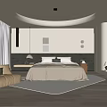 Modern Bedroom Interior Design With Round Ceiling Light Brown Bedspread Area Rug And Wooden Floor