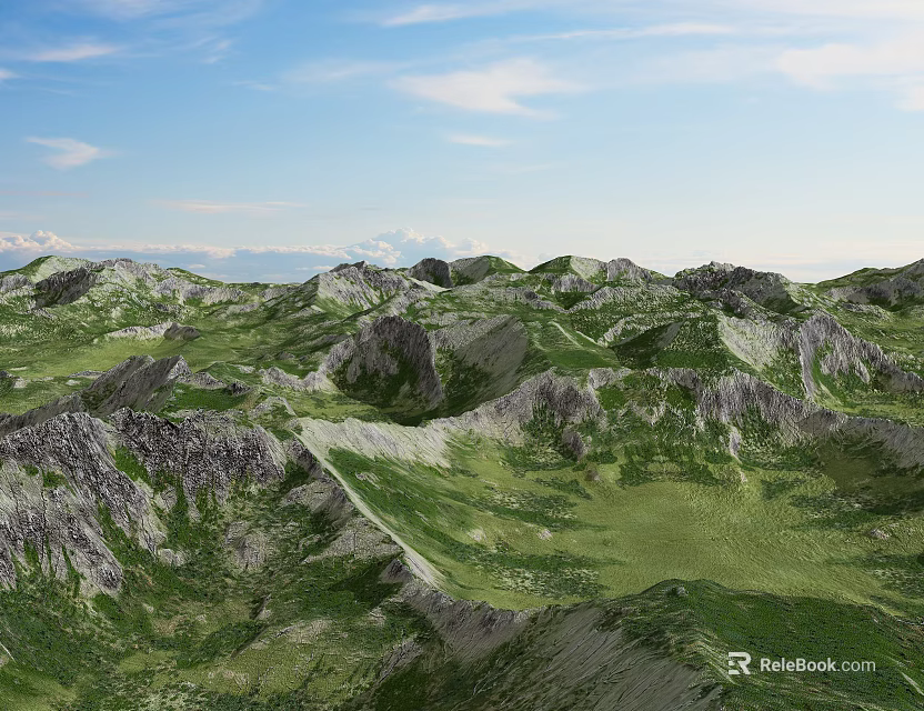 Scenic Mountain Landscape With Rolling Hills Green Meadows And Blue Sky 3d model 