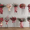 Elegant Floral Display with Pink Beige Ribbon Wrapped Mixed Flower Bouquets on Stands