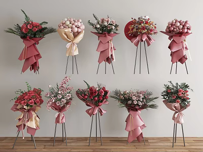 Elegant Floral Display with Pink Beige Ribbon Wrapped Mixed Flower Bouquets on Stands 3d model