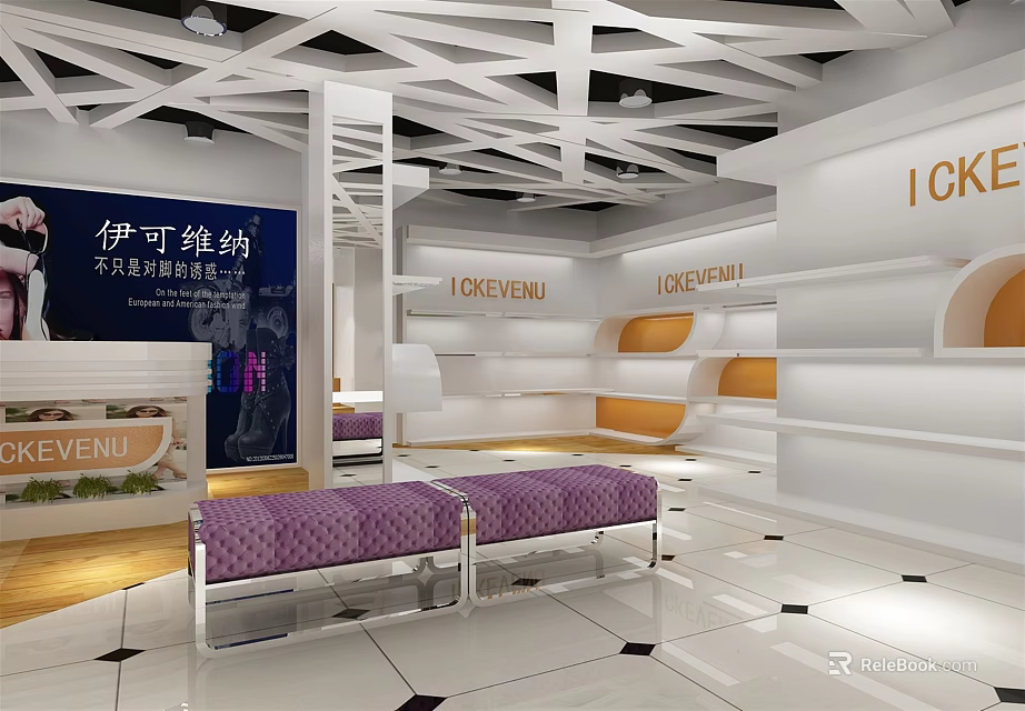 LOVEEVENI Specialty Store With Modern White Interior Purple Sofa And Open Shelves 3d model 