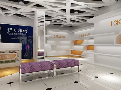 LOVEEVENI Specialty Store With Modern White Interior Purple Sofa And Open Shelves 3d model