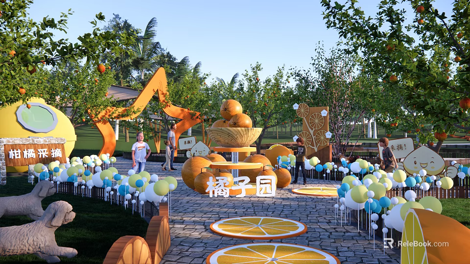 Orange Themed Park Landscape With Arched Decor Basket Of Oranges Colorful Balloons And Green Trees 3d model 