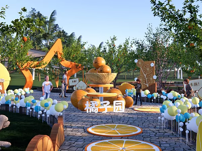 Orange Themed Park Landscape With Arched Decor Basket Of Oranges Colorful Balloons And Green Trees 3d model