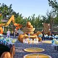 Orange Themed Park Landscape With Arched Decor Basket Of Oranges Colorful Balloons And Green Trees