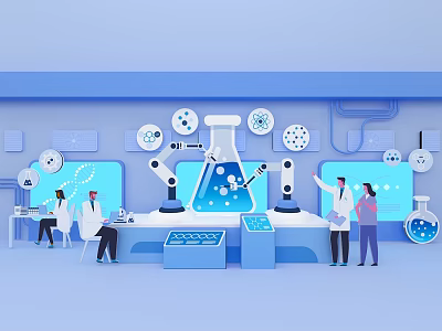 Cartoon Scene of Scientists Discussing in Lab with Blue Beaker Robotic Arms and Molecular Structures 3d model