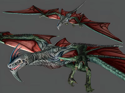 Two Flying Mythical Creatures With Red Green Wings And Scaled Bodies In Flight 3d model