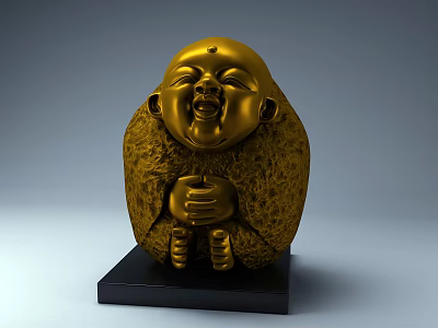 Golden Sculpture Carving With Smiling Child Figure And Black Base 3d model