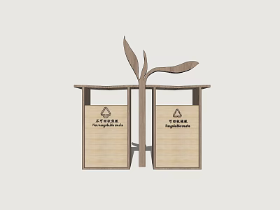 Modern Wooden Recycling Bins With Sorting Symbols And Plant Accent 3d model