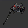 Futuristic Pilot In Red And Gray Mech Suit With Large Gun And Metallic Armor