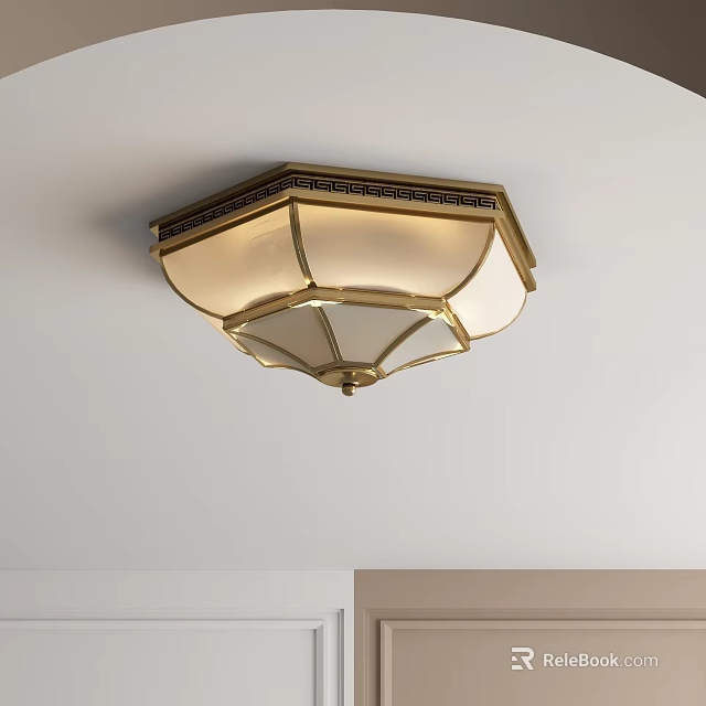 Classic Octagonal Ceiling Light With Golden Frame And White Glass Lampshade On Ceiling 3d model