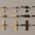 Various Types of Wooden and Black Door Handles Displayed on Gray Background