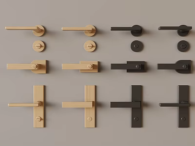 Various Types of Wooden and Black Door Handles Displayed on Gray Background 3d model