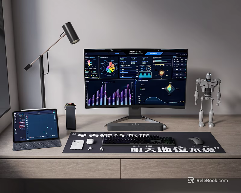 Modern Computer Monitor Setup With Data Charts Tablet And Robot Model On Desk 3d model 