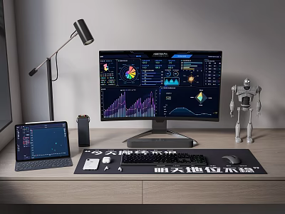 Modern Computer Monitor Setup With Data Charts Tablet And Robot Model On Desk 3d model