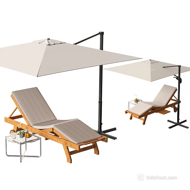 Lounge Chair Outdoor Wooden Frame With Gray Cushion Umbrella And Side Table Setup 3d model 
