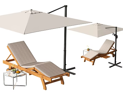 Lounge Chair Outdoor Wooden Frame With Gray Cushion Umbrella And Side Table Setup 3d model