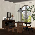 Modern Middle Ancient Dining Table and Chair Combination Round Casual Table and Chair Combination Sideboard Restaurant Solid Wood Dining Table and Chair Casual Table and Chair Negotiation Table and Chair 3d model