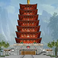 Red Multi Tiered Ancient Pagoda Architecture Surrounded by Mountain and Trees