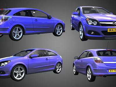 Blue Hatchback Car Displayed In Four Different Angles With Modern Design And Alloy Wheels 3d model