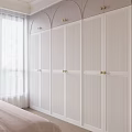 White Modern Wardrobe With Vertical Striped Doors And Gold Handles Design