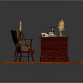 Mahogany Writing Desk With Lamp Books Candlesticks And Chair On Orange Rug