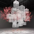 Art Installation Of Hanging Transparent Cubes With Red Cherry Blossom Branches And Scattered Petals