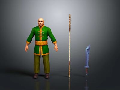 Man in Green Chinese style Outfit With Yellow Belt and Long Stick and Blue Sword 3d model