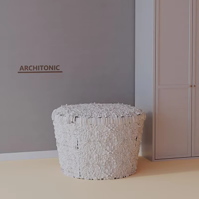 White Woven Round Side Table In Modern Room With Gray Wall And Cabinet 3d model
