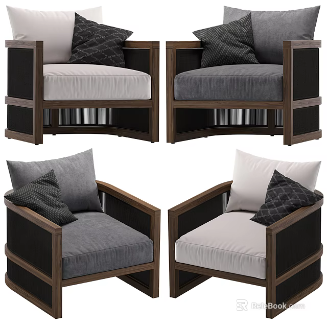 Modern Single Sofa With Gray White Cushions Decorative Pillows And Wooden Frame 3d model 