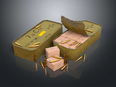 7.62 Caliber Bullets in Open Metal Boxes with Scattered Ammunition and Cartridges 3d model