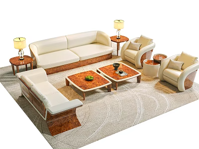 Beige Sofa and Coffee Table Set with Armchairs Wooden Accents Side Tables Lamps and Rug 3d model