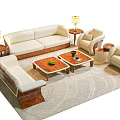 Beige Sofa and Coffee Table Set with Armchairs Wooden Accents Side Tables Lamps and Rug