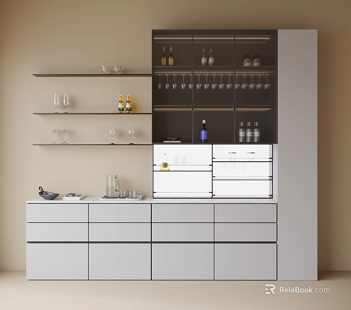 Modern Wine Cabinet Design With Glass Doors Wine Glass Racks And Storage Drawers 3d model 