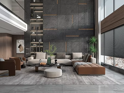 Modern Duplex Living Room With Sofa Coffee Table Feature Wall Large Windows And Green Plants 3d model