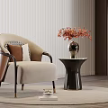 Beige Casual Sofa Set with Pillows Black Side Table Vase Red Flowers and Round Rug