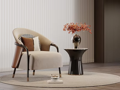 Beige Casual Sofa Set with Pillows Black Side Table Vase Red Flowers and Round Rug 3d model